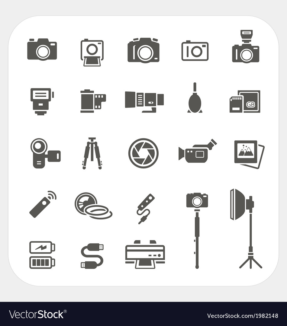 Camera icons and accessories icons set Royalty Free Vector