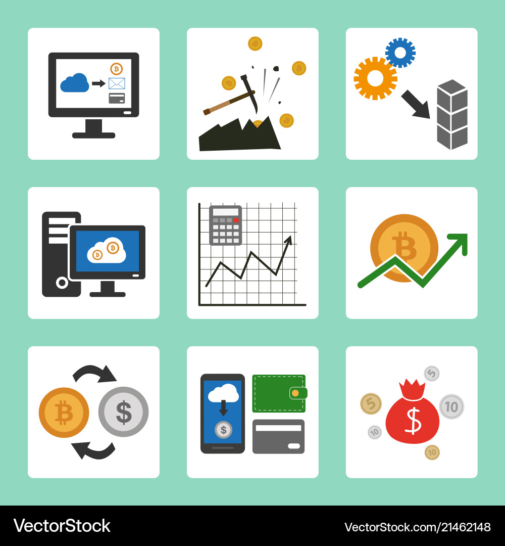 Cryptocurrency cloud mining icons set Royalty Free Vector