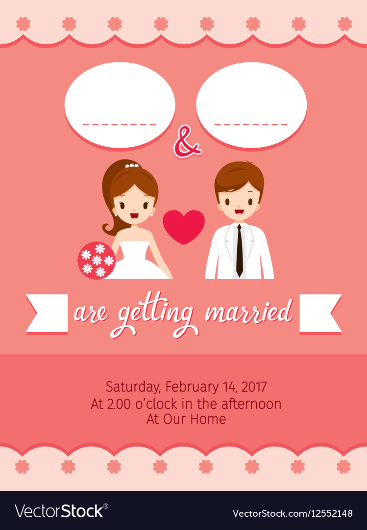 Wedding Invitation Card Template With Cute Groom And Bride Cartoon