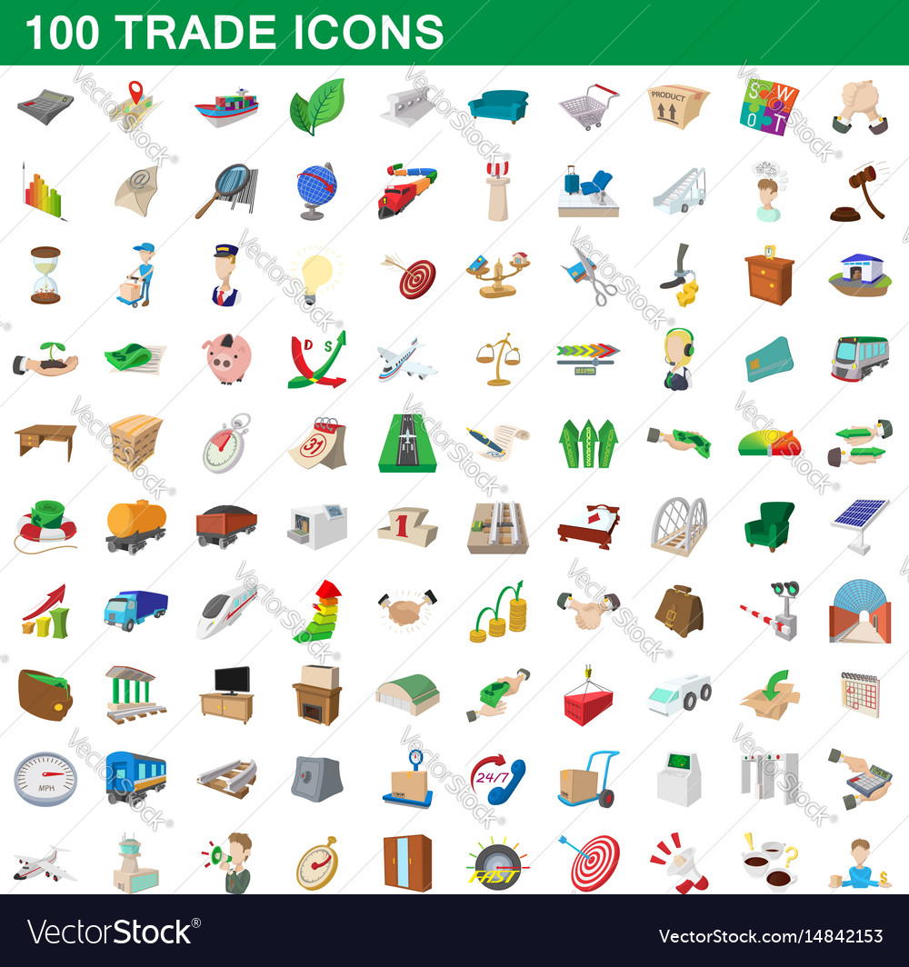 100 trade icons set cartoon style