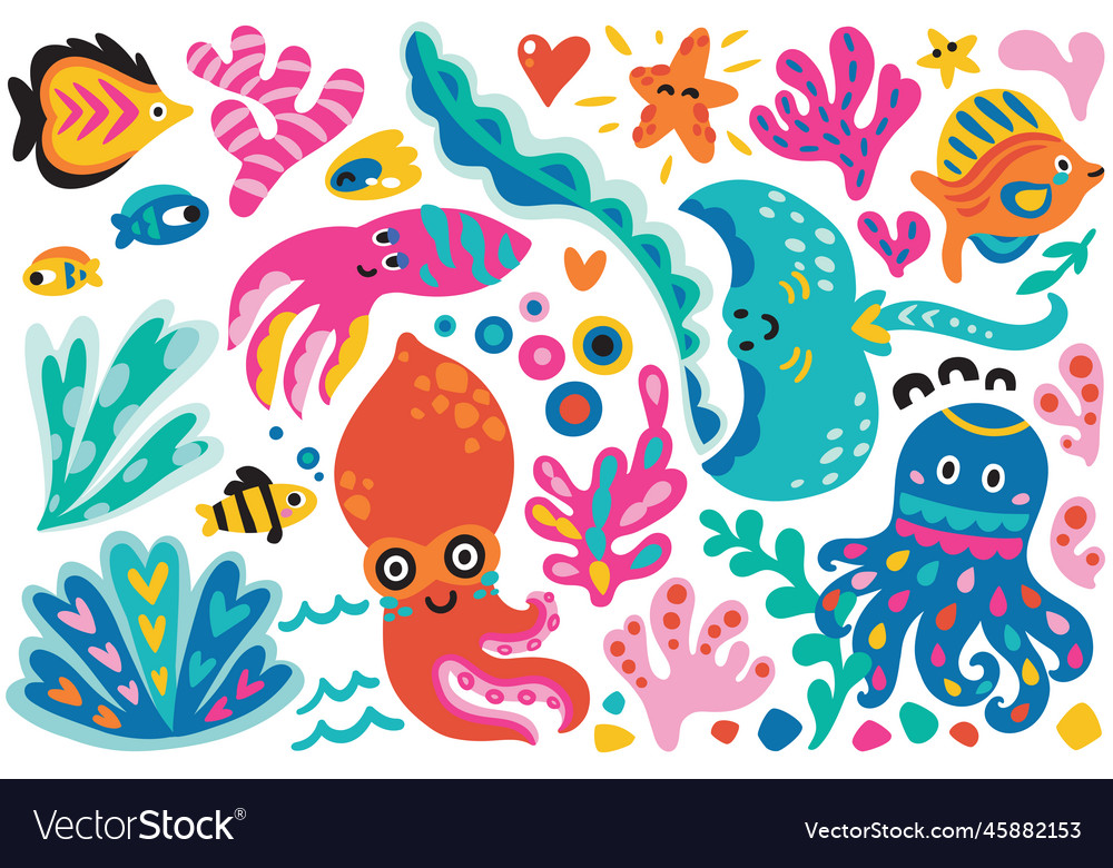 Collection Of Cute Cartoon Marine Creatures Vector Image