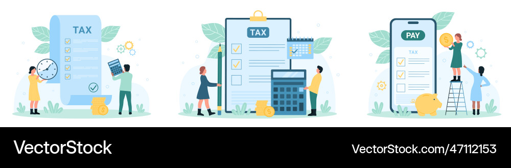 Tax payment and calculation set tiny people work Vector Image