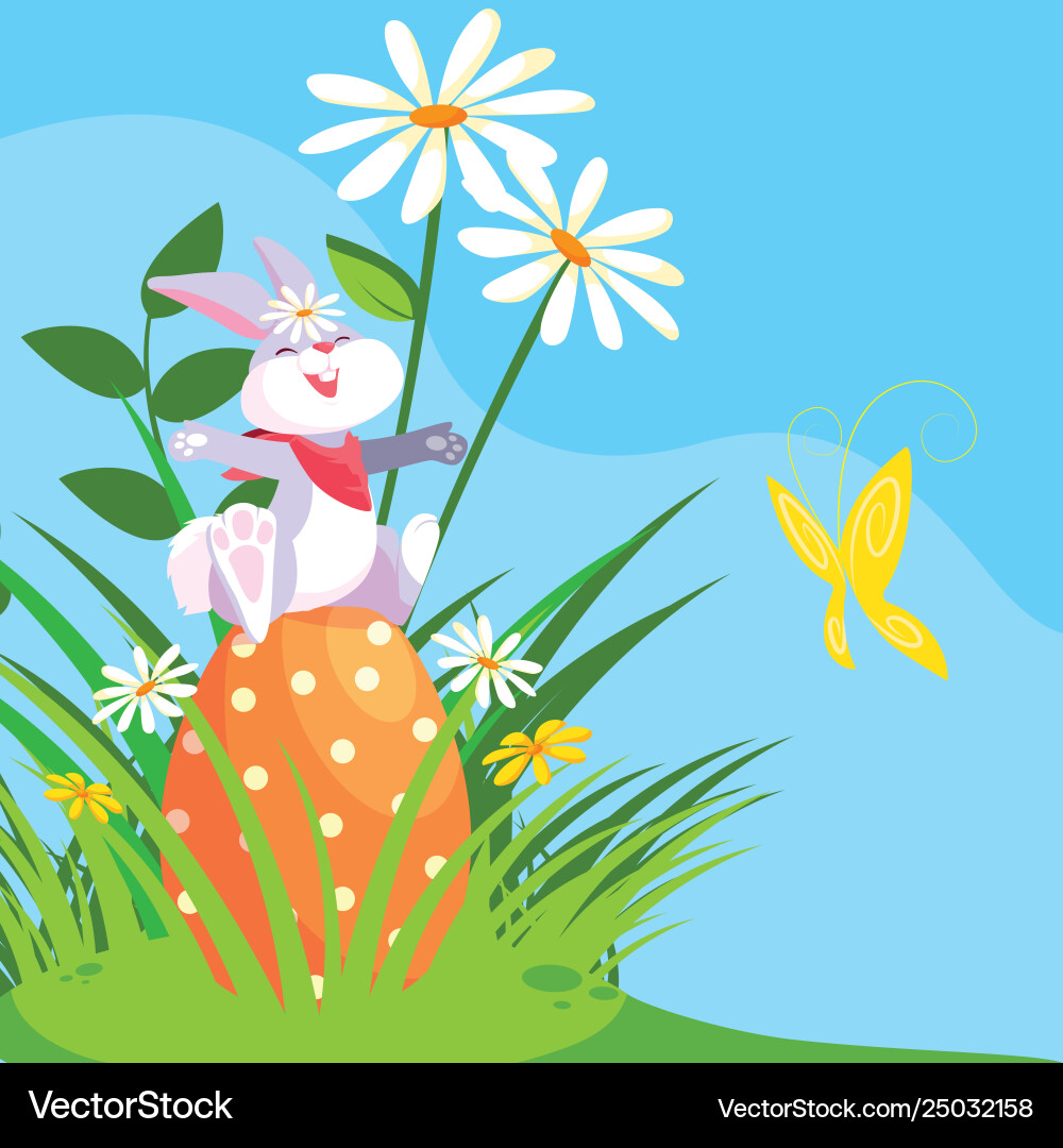 Cute rabbit with egg easter in garden Royalty Free Vector