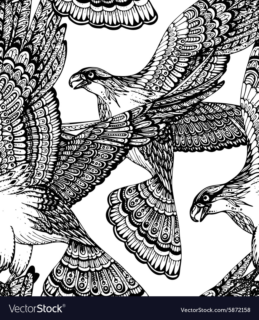 Hand drawn seamless pattern with decorative eagles