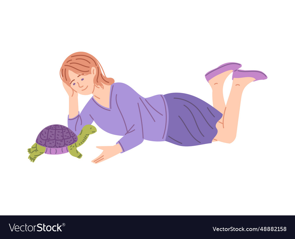 Pet lover plays with turtle as flat Royalty Free Vector