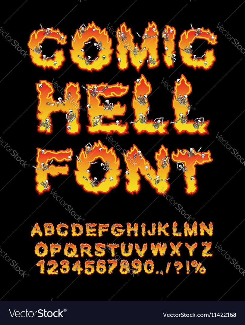 Comic hell font inferno abc fire letters sinners Vector Image