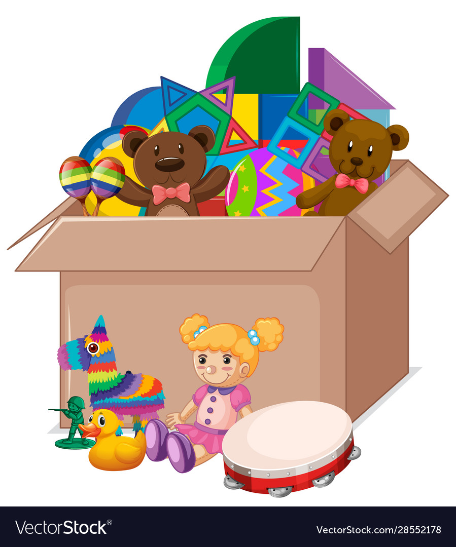 Cardboard box full toys on white background Vector Image