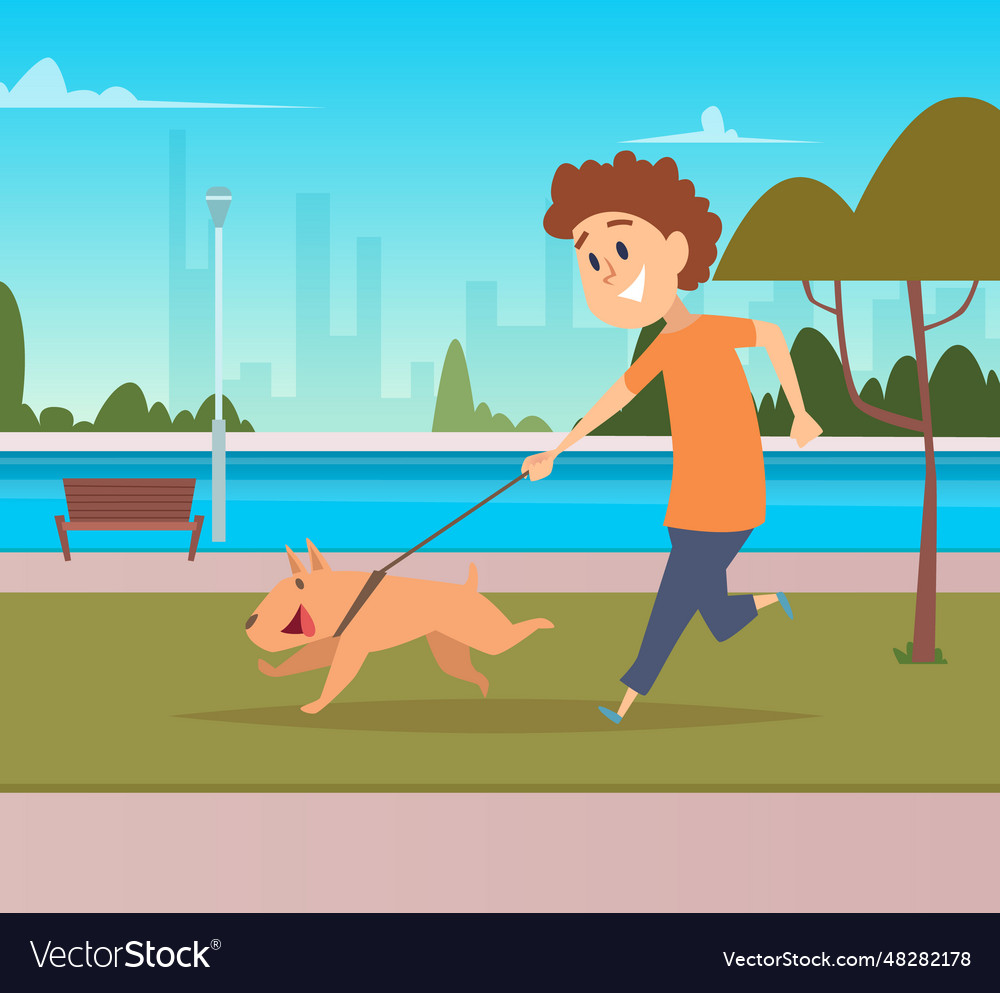 Dog Walking Outdoor Background Happy Boy Vector Image