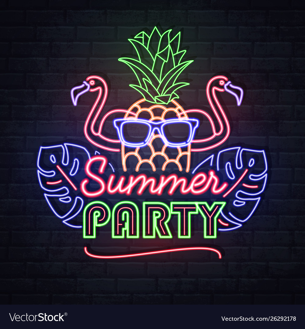 Neon sign summer party with tropic leaves Vector Image