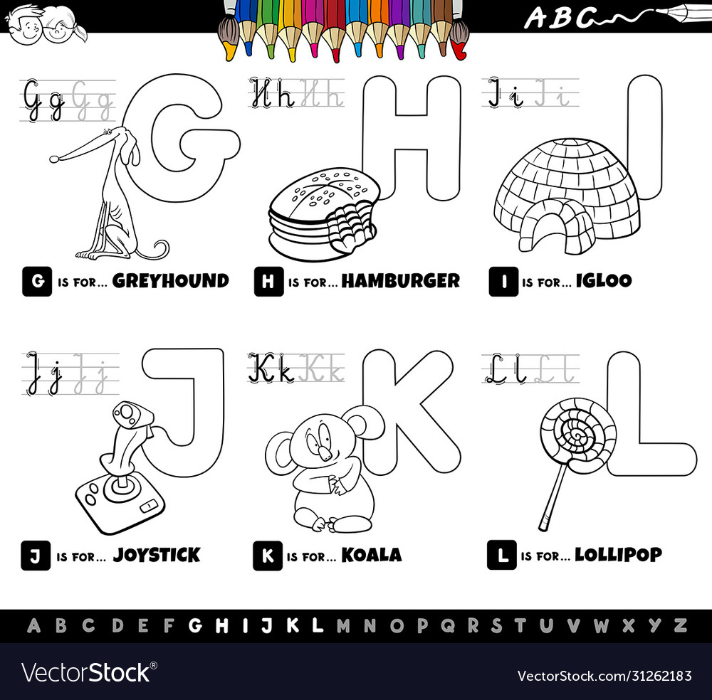 Educational cartoon alphabet set coloring book Vector Image