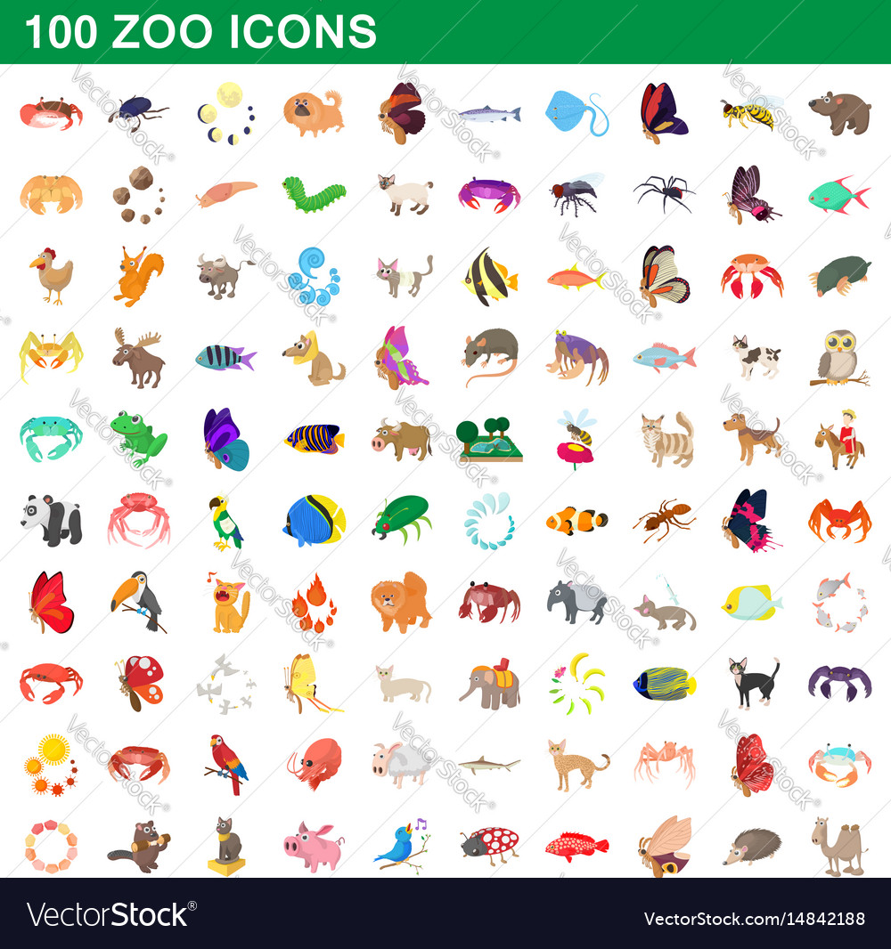 100 zoo icons set cartoon style