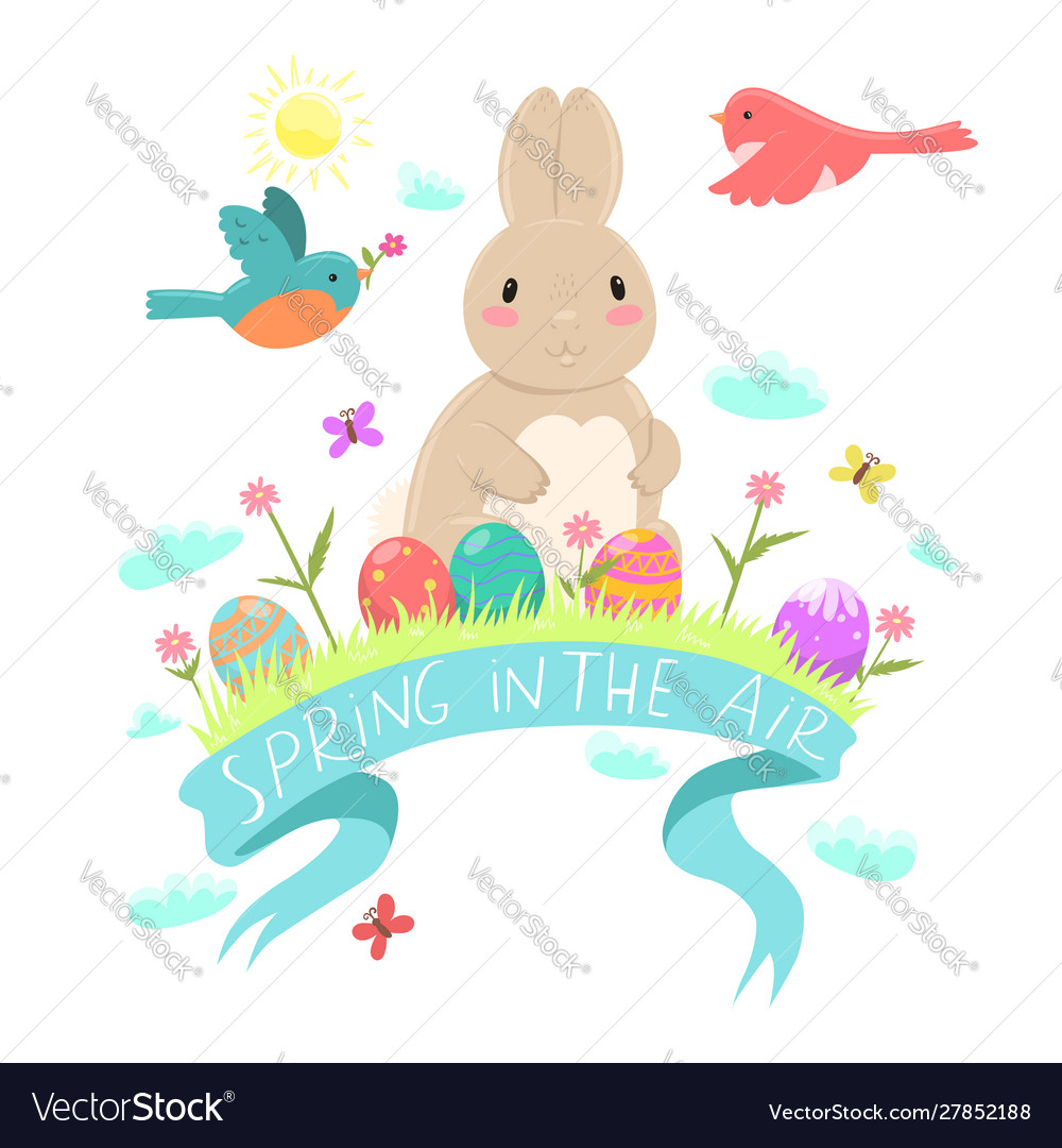Easter emblem with a rabbit eggs birds flowers vector image Easter emblem with a rabbit eggs birds flowers