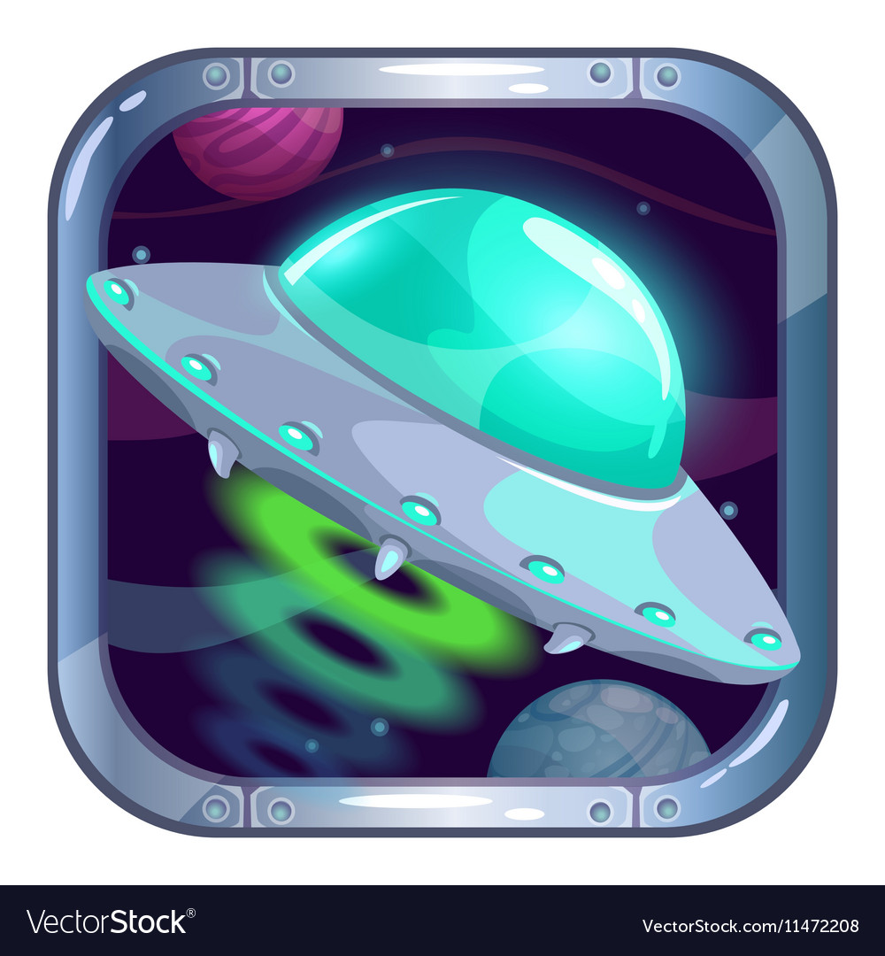 Cartoon app icon with flying ufo ship Royalty Free Vector