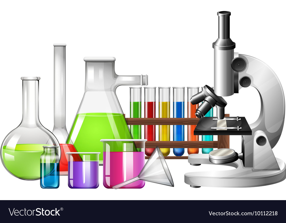 Science equipment with microscope and beakers Vector Image