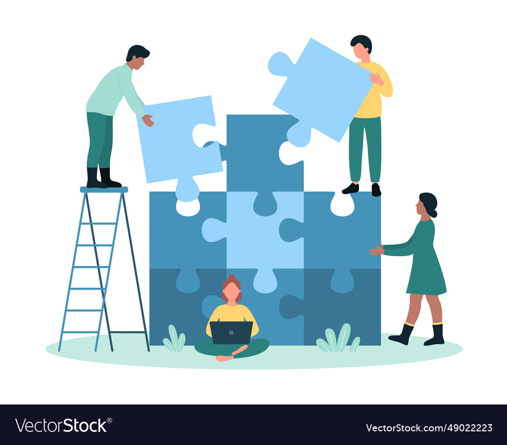 Team building tiny people connect puzzle pieces Vector Image