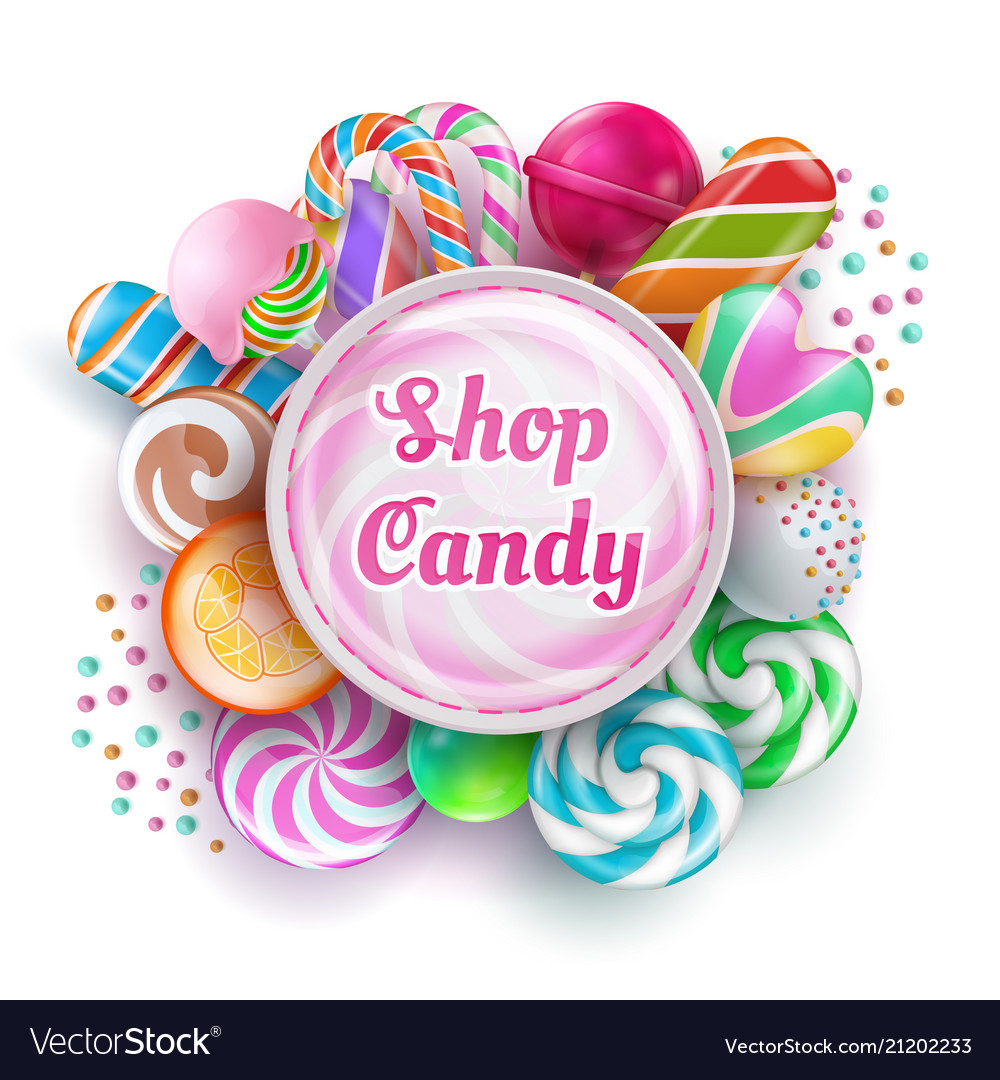 Candy shop background with sweet realistic candies