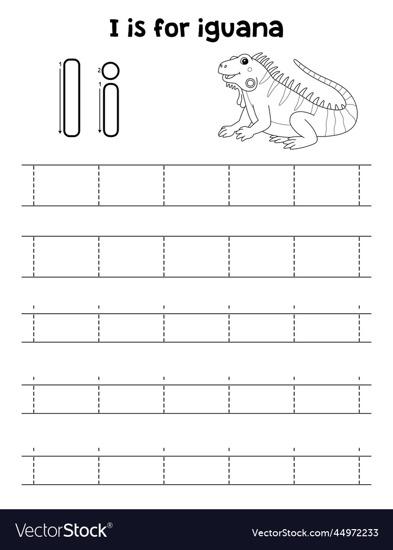 Iguana animal tracing letter abc coloring page i Vector Image