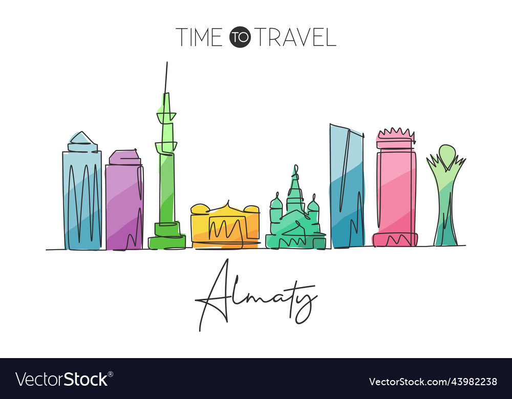 Single continuous line drawing of almaty skyline Vector Image