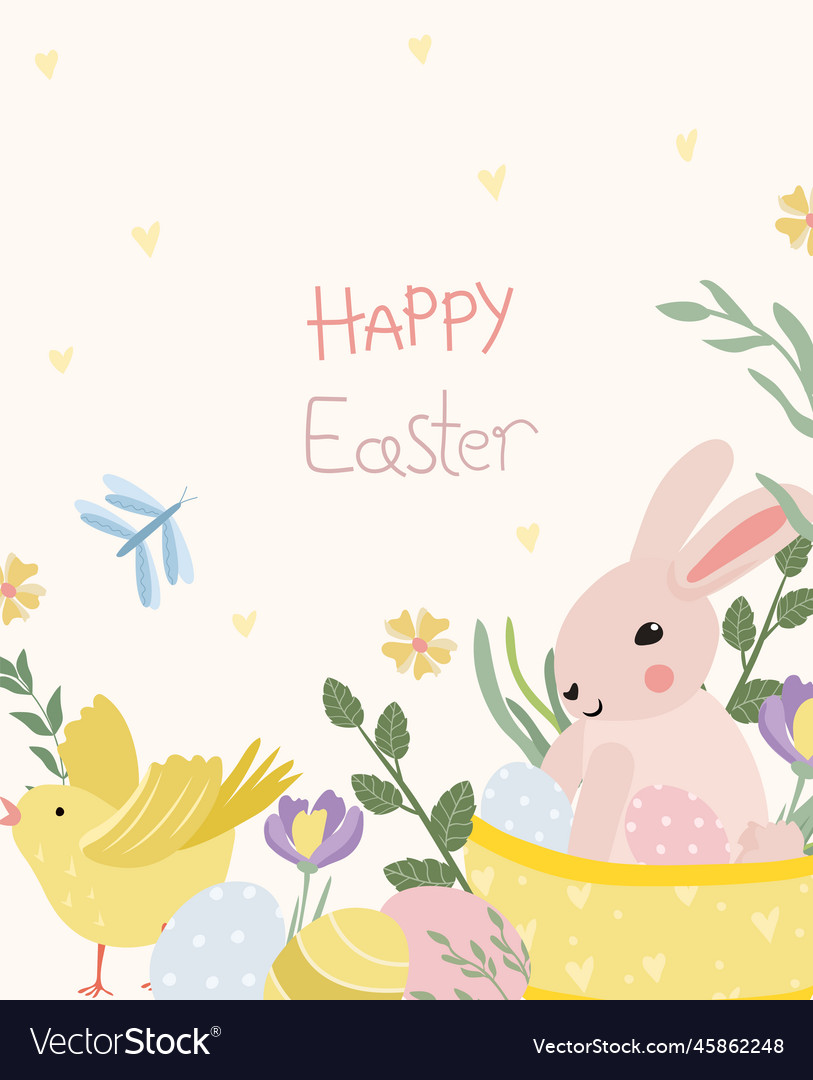 Bright card with a cute bunny in basket Royalty Free Vector