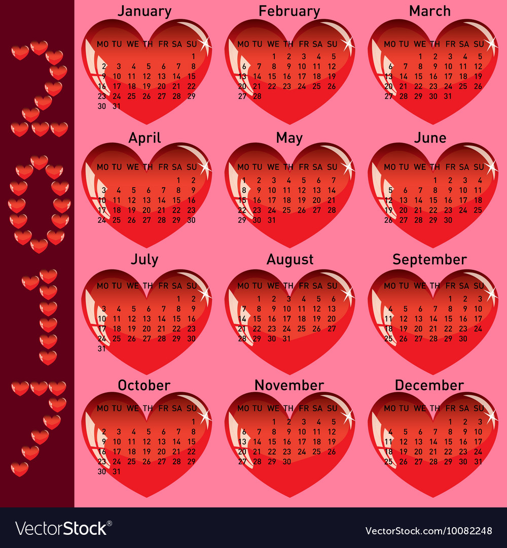 Stylish calendar with red hearts for 2017