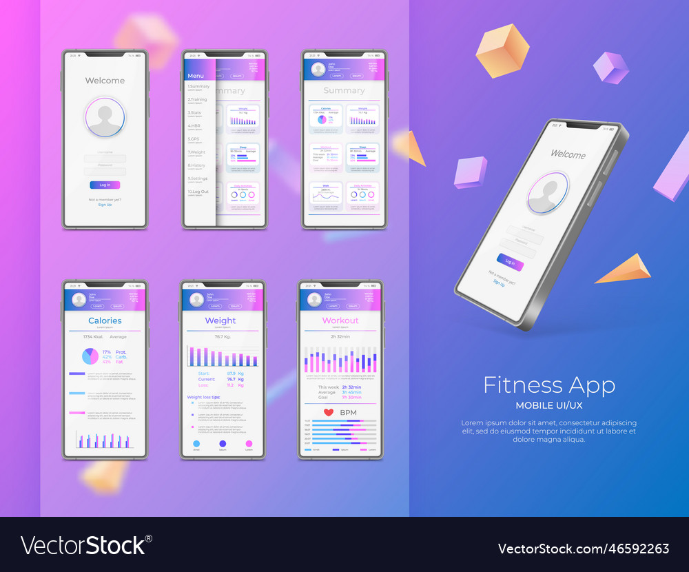 Fitness app ux ui design fit training Royalty Free Vector