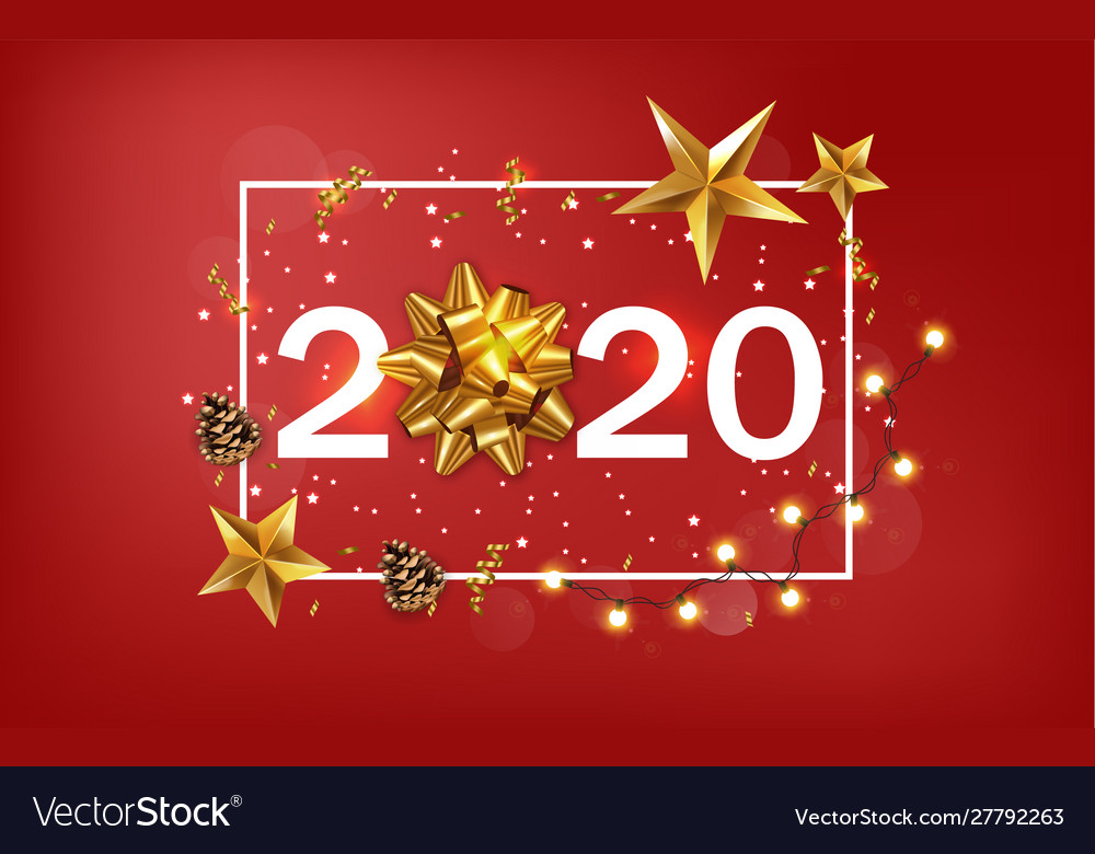 New year 2020 banner with golden stars and ribbon Vector Image