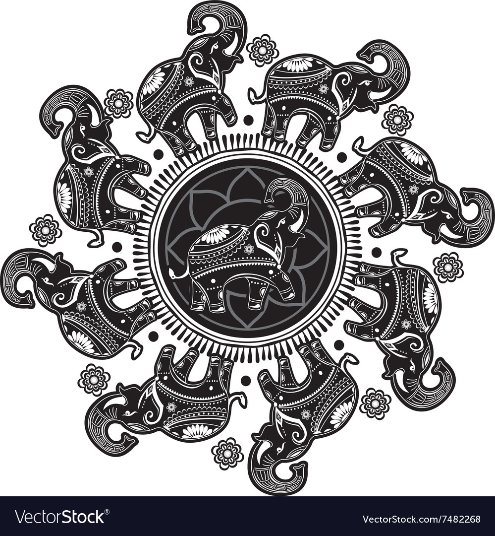 Round pattern with decorated elephants Royalty Free Vector