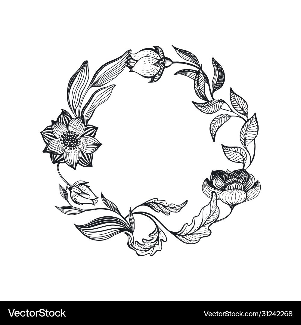 Wreath doodle flowers and leaves Royalty Free Vector Image