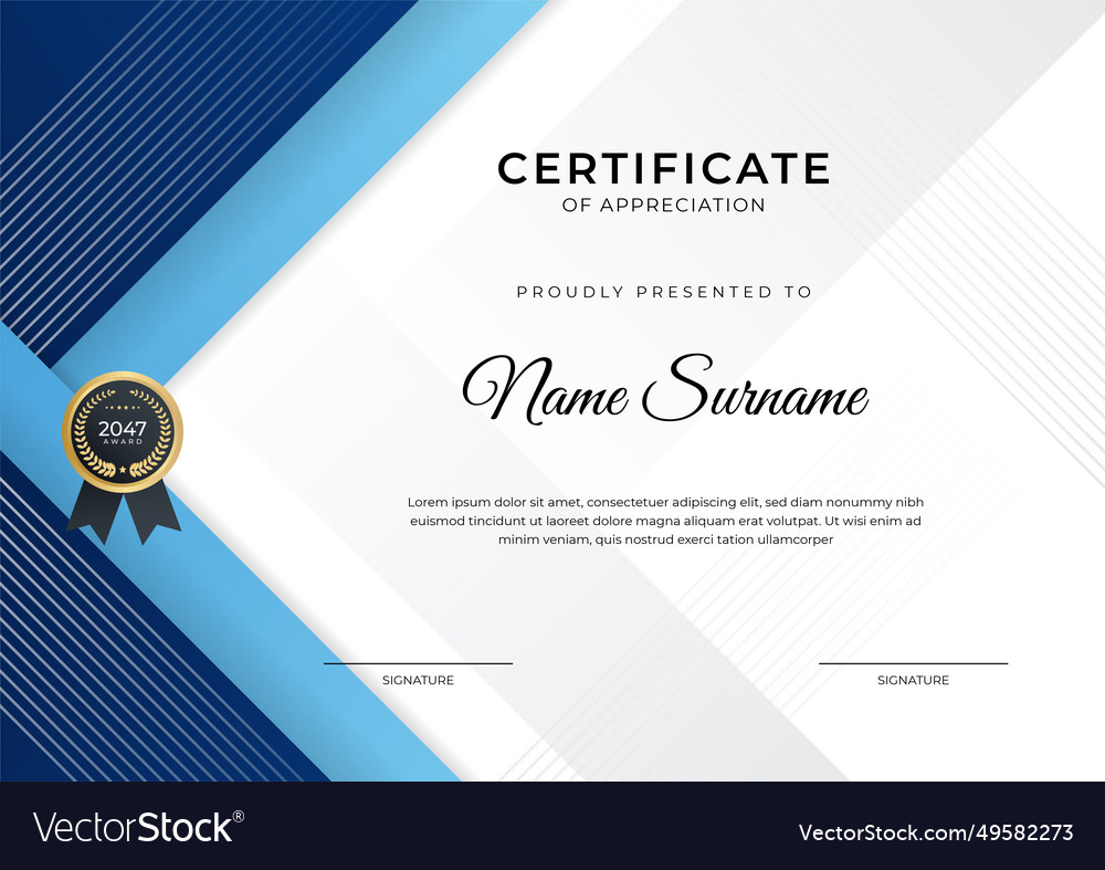 Certificate of achievement blue template design Vector Image