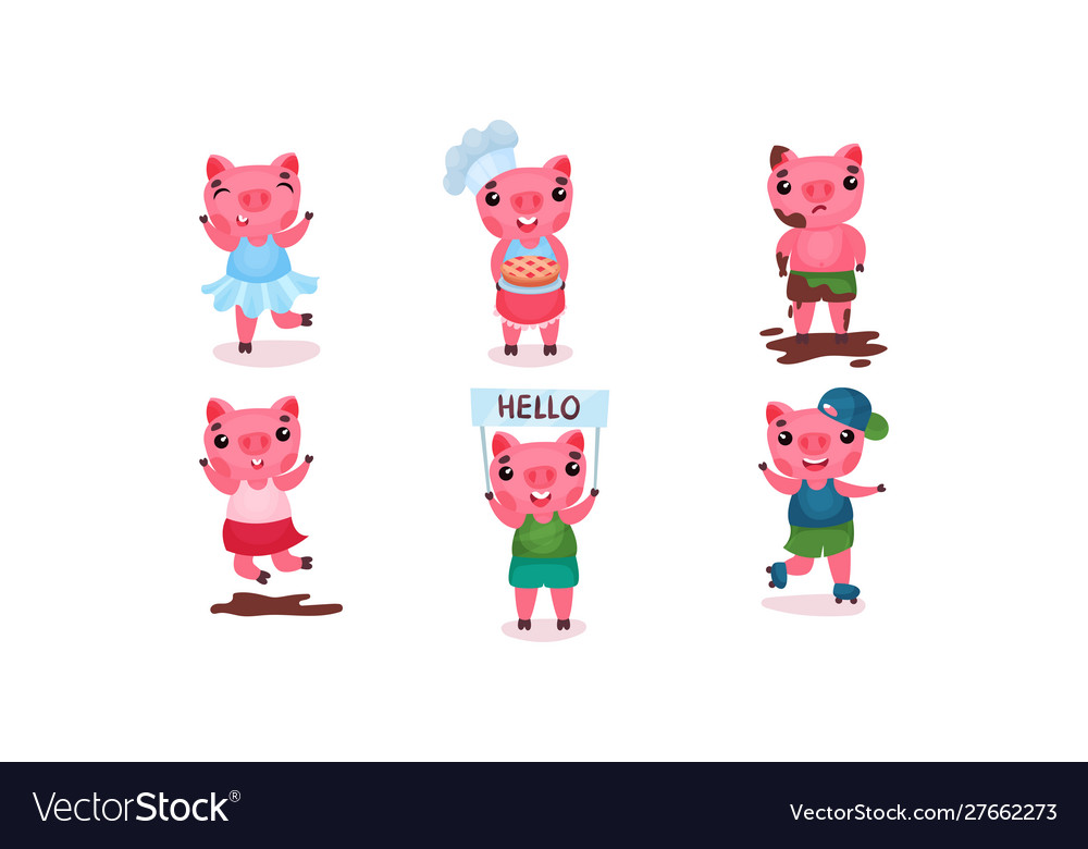 Cute cartoon pigs in different clothes Royalty Free Vector