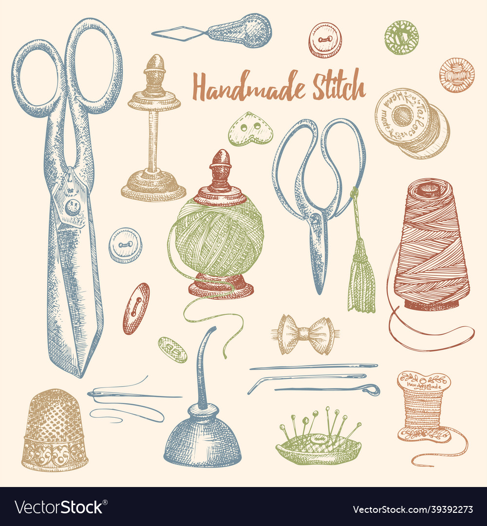 Set of hand-drawn vintage sewing tools sew Vector Image