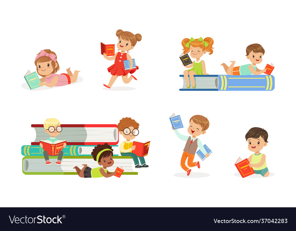 Kids reading books set adorable boys and girls Vector Image