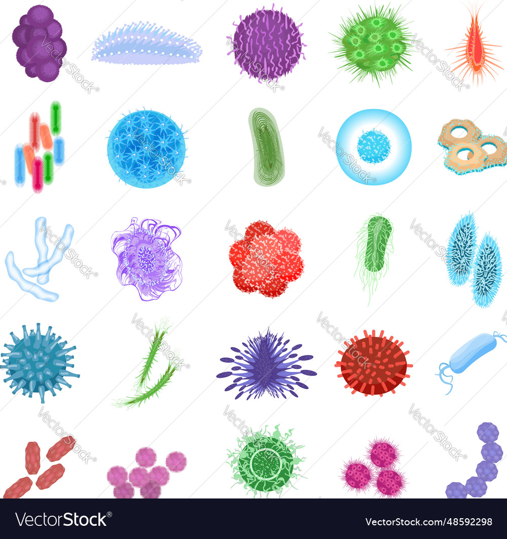 Bacteria icons set cartoon germ cell Royalty Free Vector