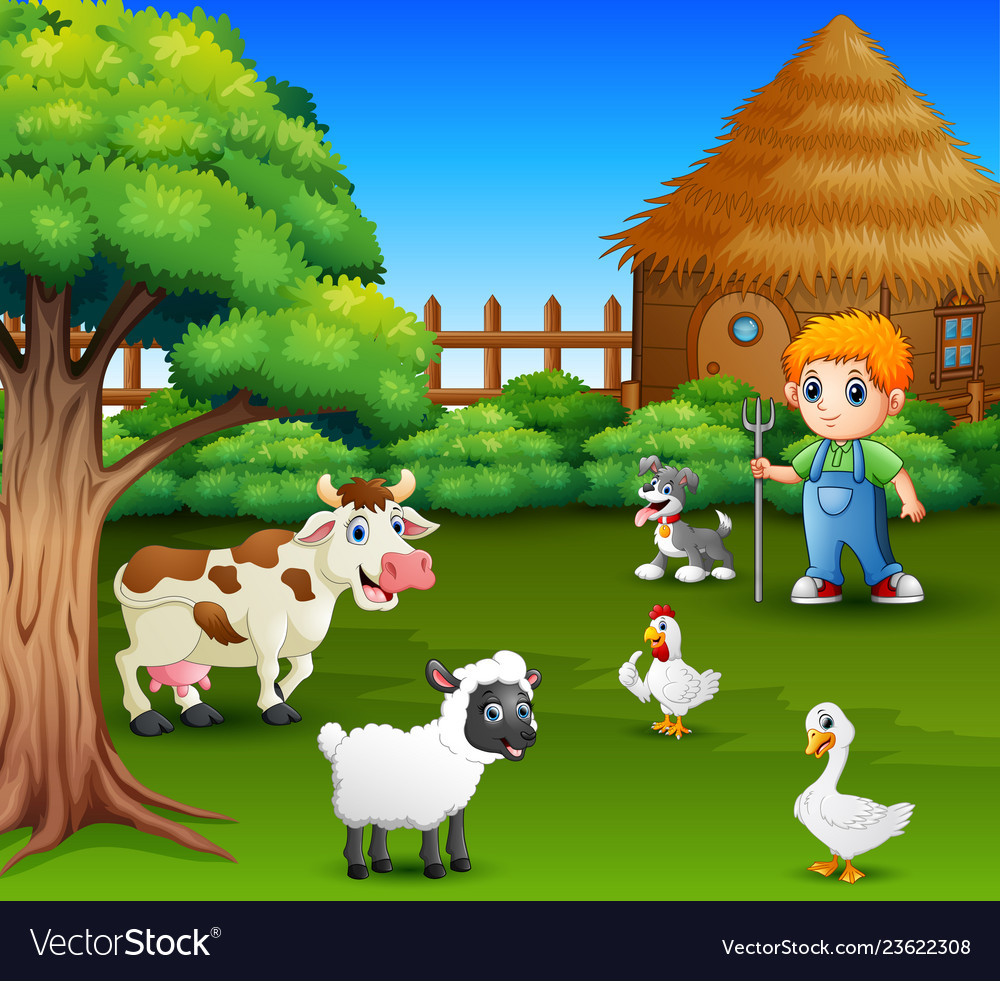 A farmer at his farm with bunch of farm animals Vector Image A farmer at his farm with bunch of farm animals Vector Image