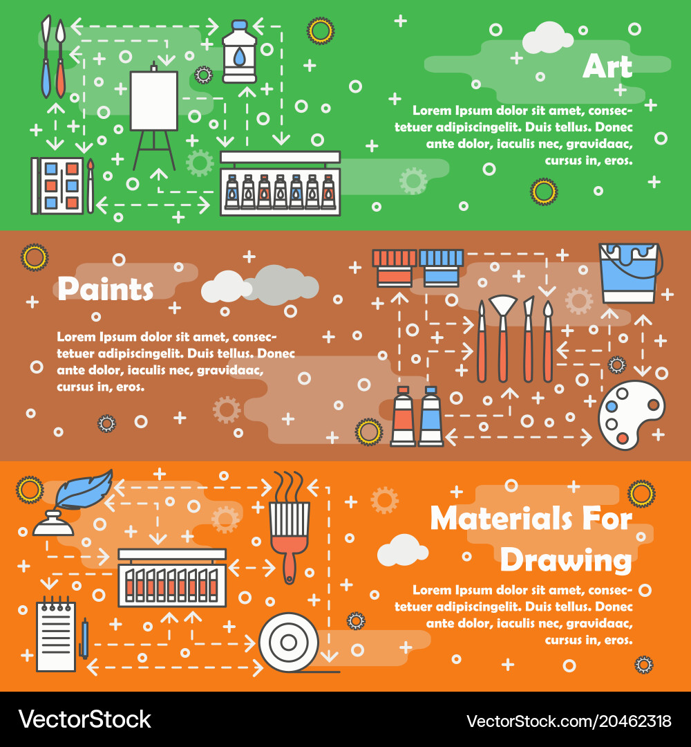 Flat Line Art Painting Banner Set Royalty Free Vector Image