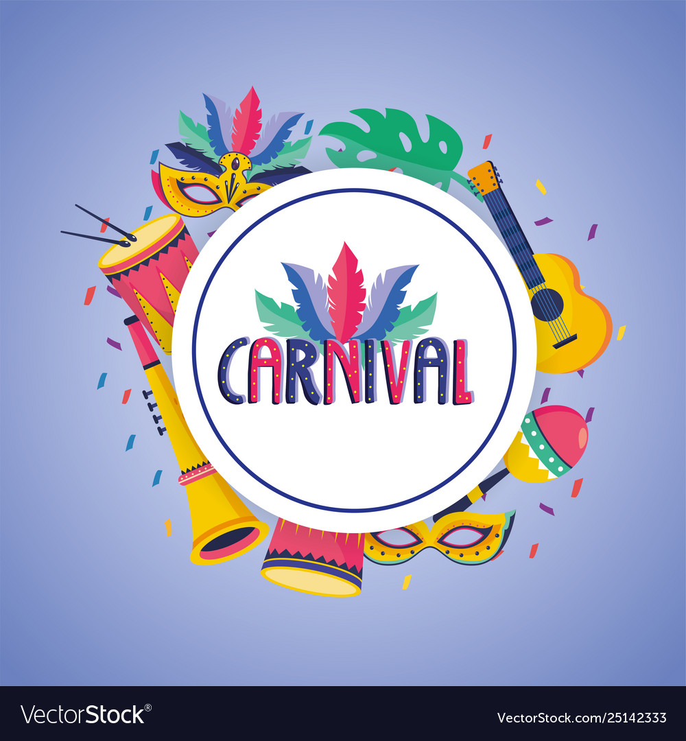 Carnival label with mask and drum decoration Vector Image