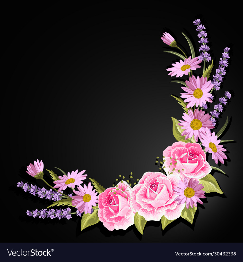 Beautiful pink roses and lavender flowers on black