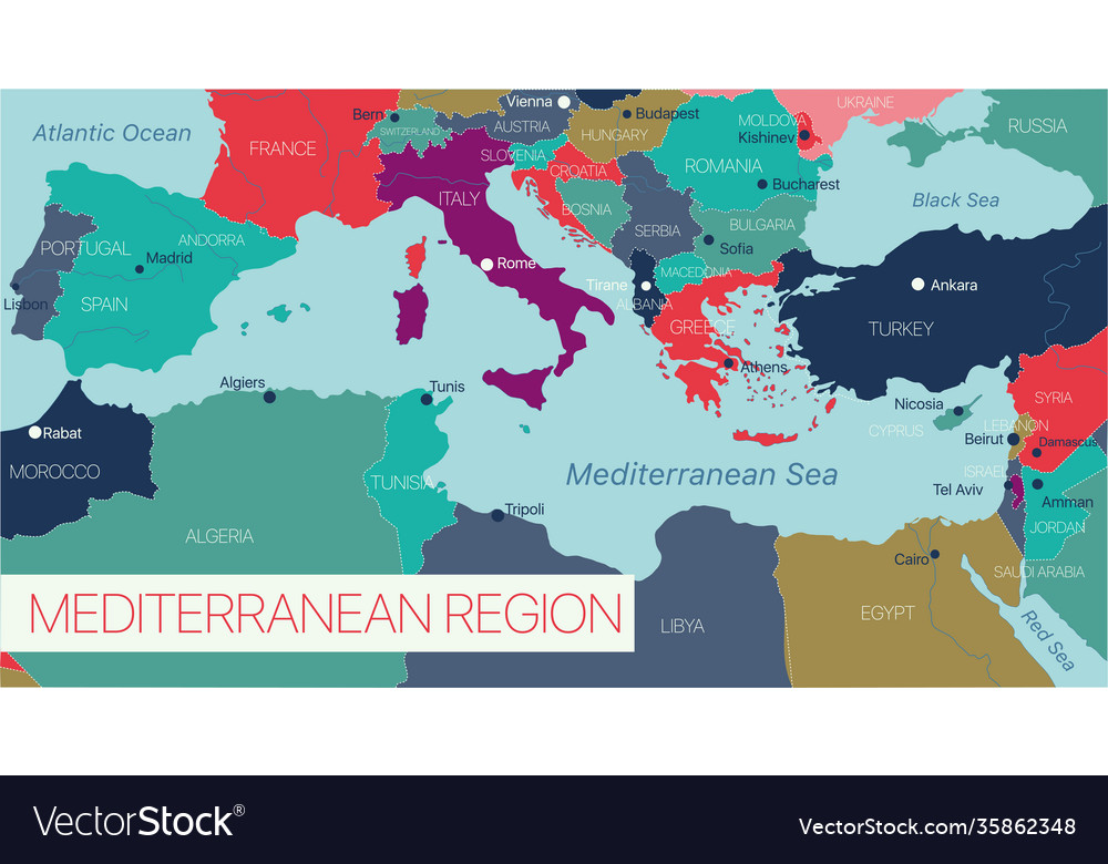 Mediterranean Sea World Map Mediterranian Sea Region Detailed Editable Map Vector 35862348