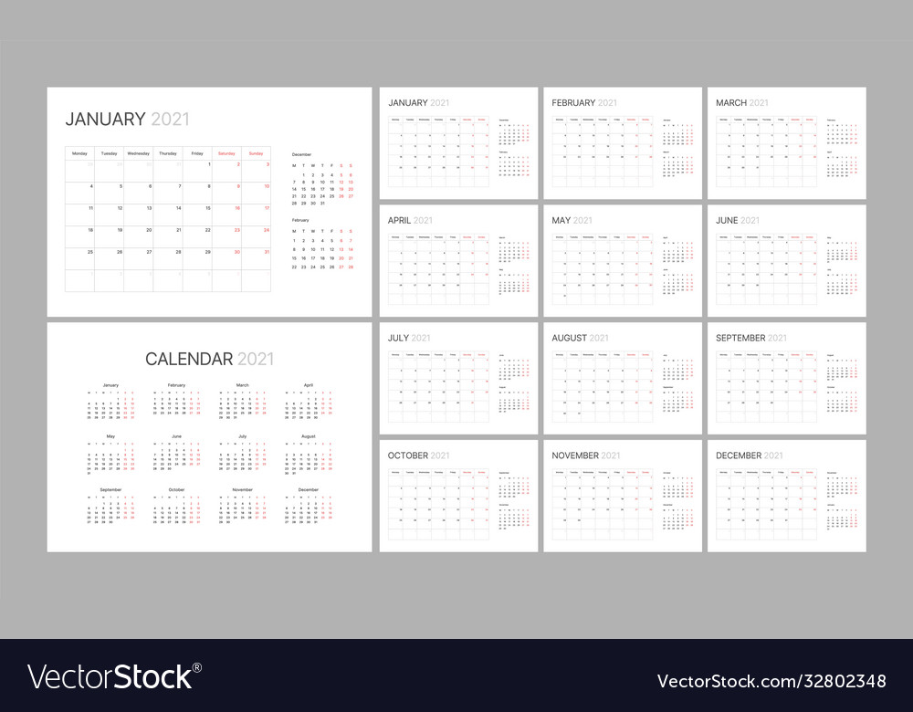 Monthly calendar for 2021 year week starts on Vector Image