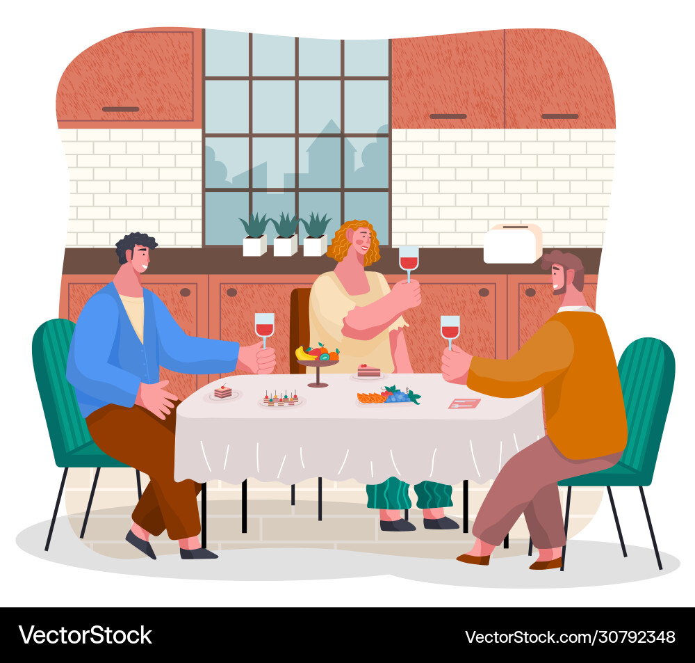 People eat and drink on kitchen home reception Vector Image