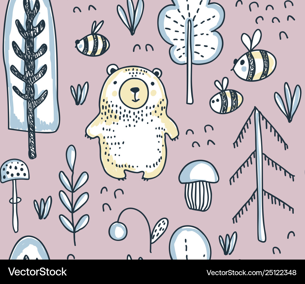 Seamless pattern with hand drawn bear Royalty Free Vector