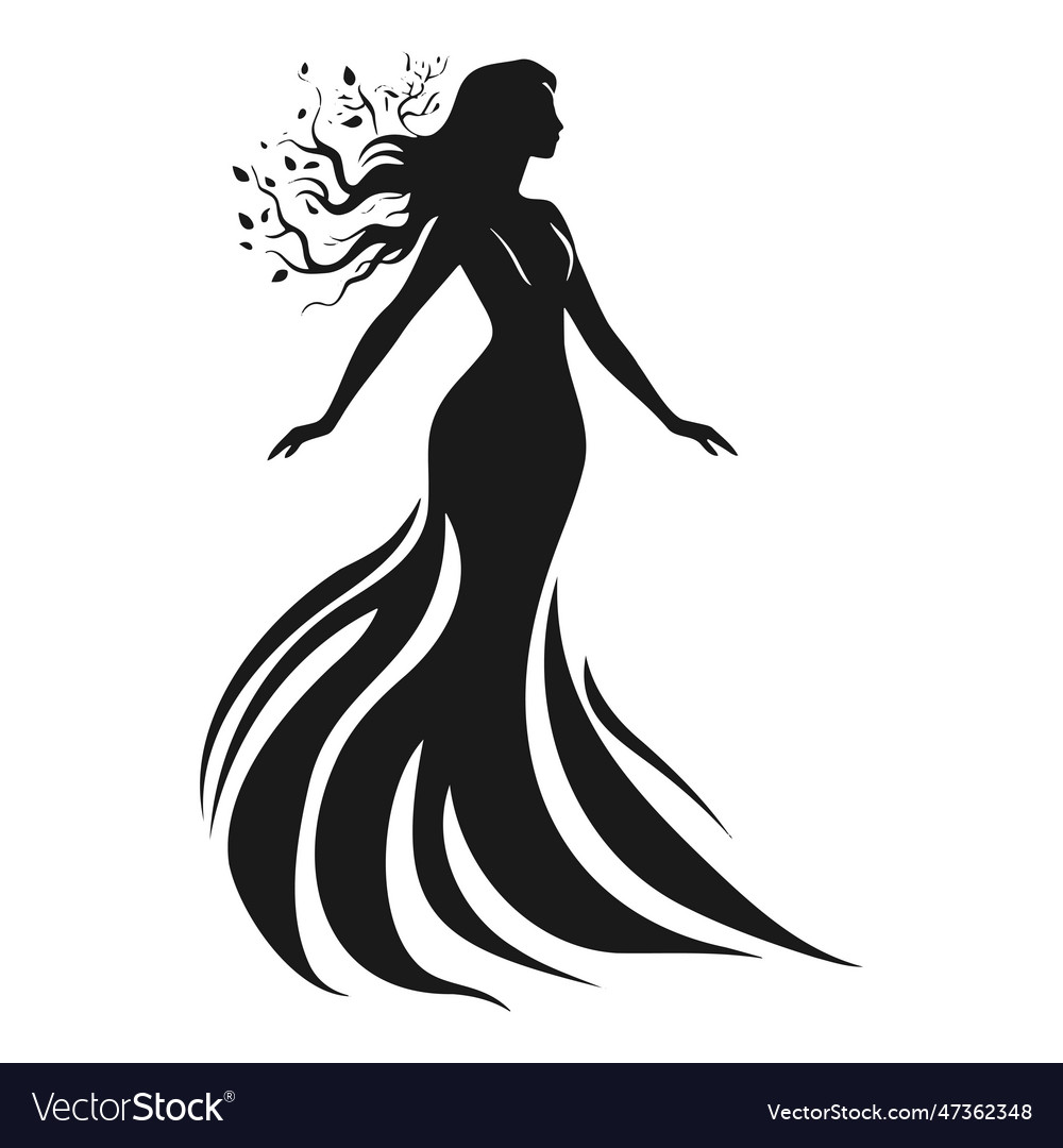 Silhouette of a girl in a long dress and branches Vector Image