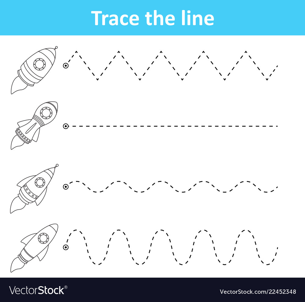 trace line worksheet for preschool kids with rocke