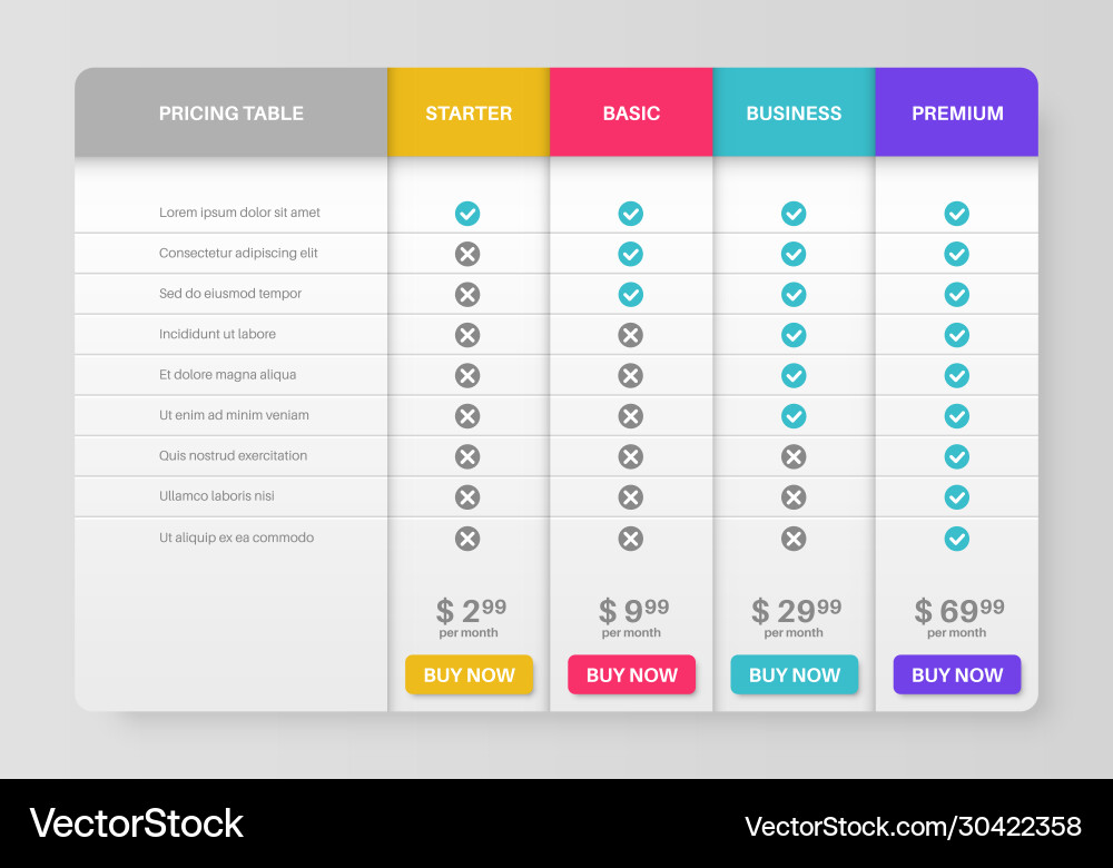 Pricing tab comparison list services Royalty Free Vector