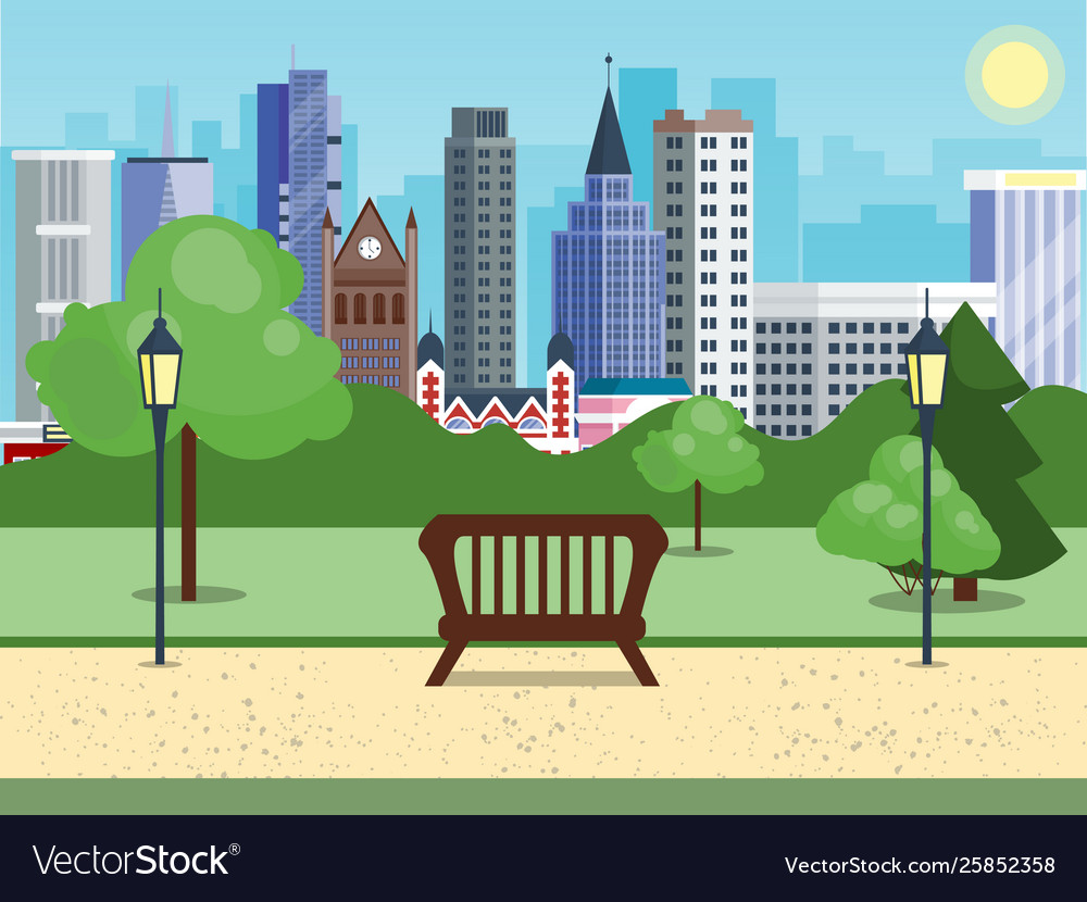 Public city park with bench main street Royalty Free Vector