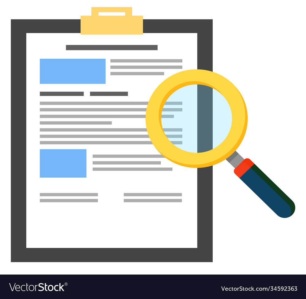 Clipboard hold paper with information hand lens Vector Image