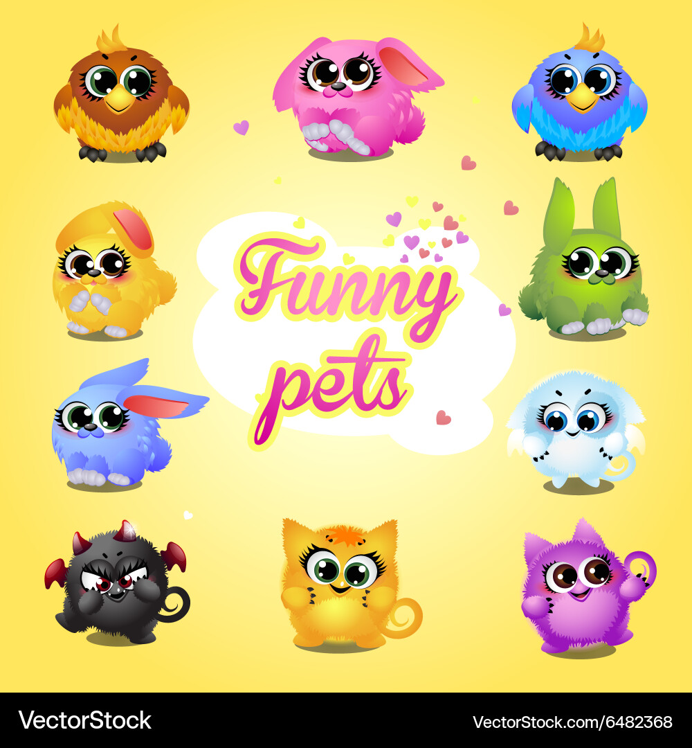 Funny Pets Icon Set On A Yellow Background Vector Image