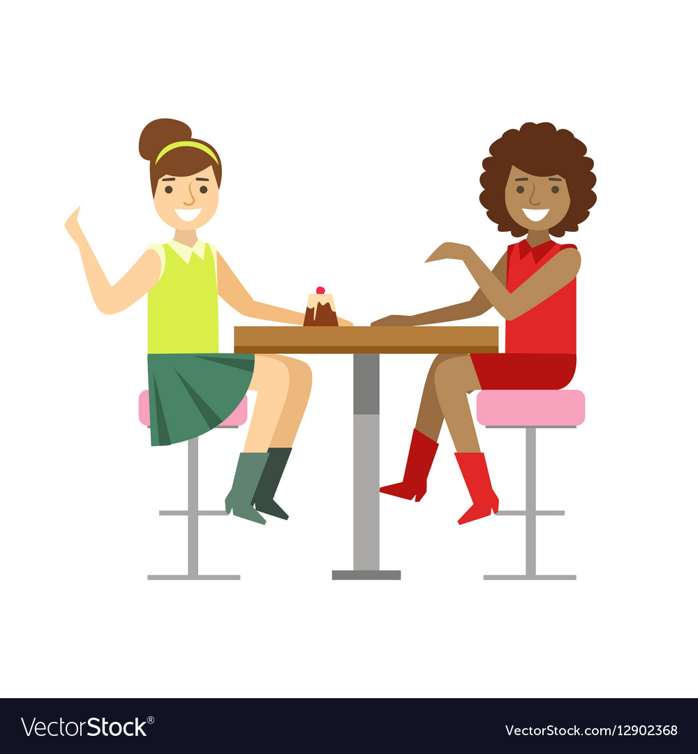 Girlfriends chatting sharing a cake smiling Vector Image