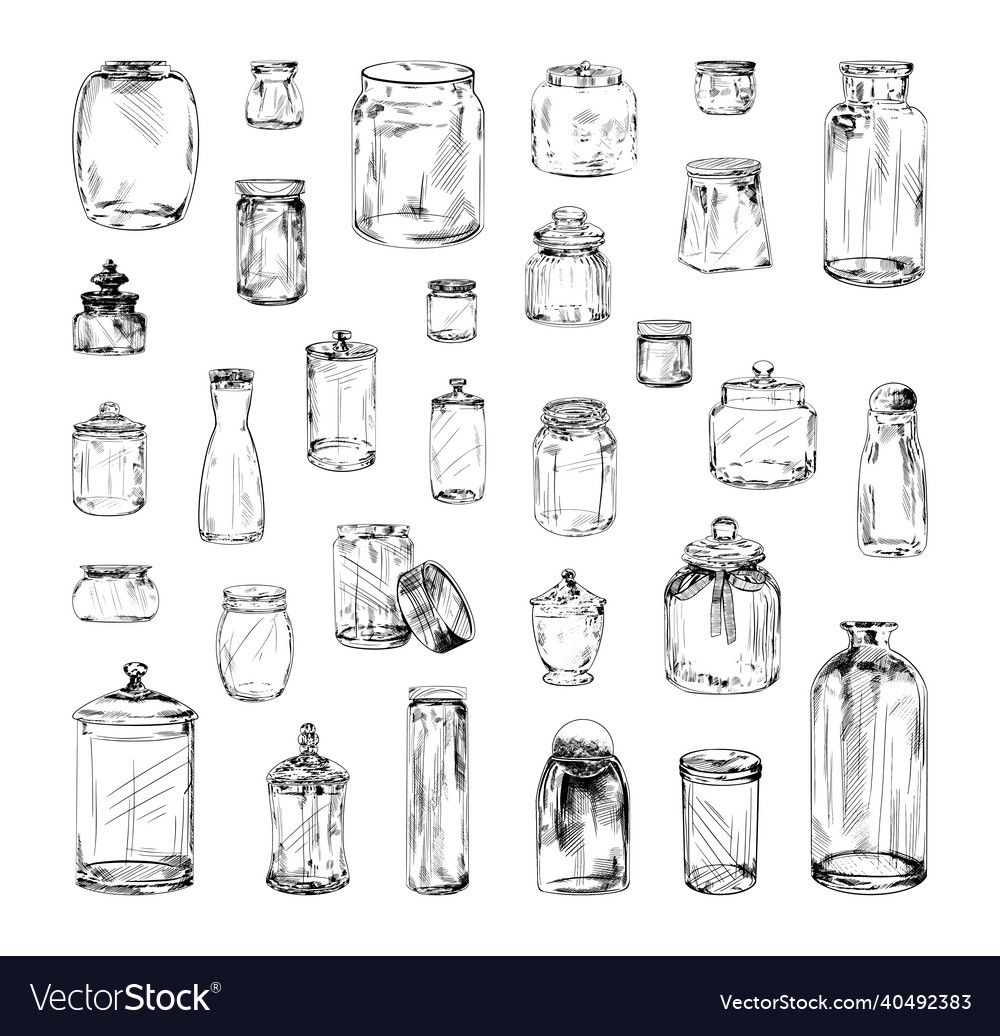 Glass jars in art ink style Royalty Free Vector Image