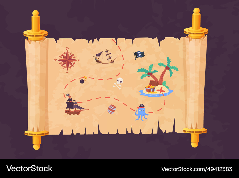 Old treasure map pirate treasures scroll paper Vector Image